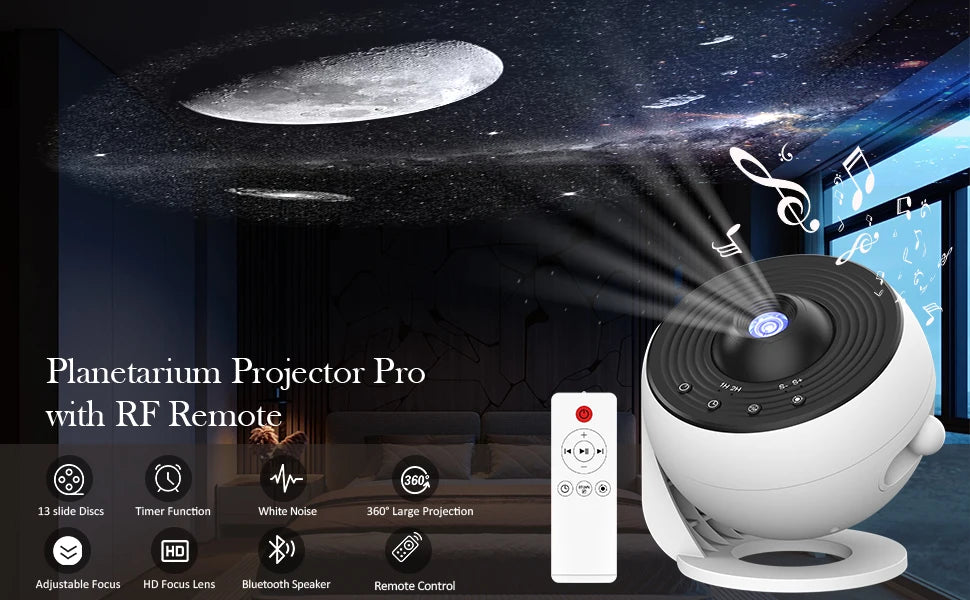13-in-1 Galaxy Star Projector Pro – 360° HD Ceiling Night Light with Bluetooth Speaker, Remote & White Noise