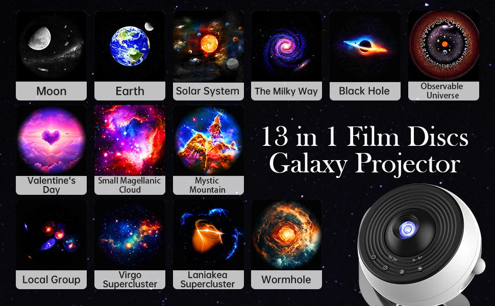 13-in-1 Galaxy Star Projector Pro – 360° HD Ceiling Night Light with Bluetooth Speaker, Remote & White Noise