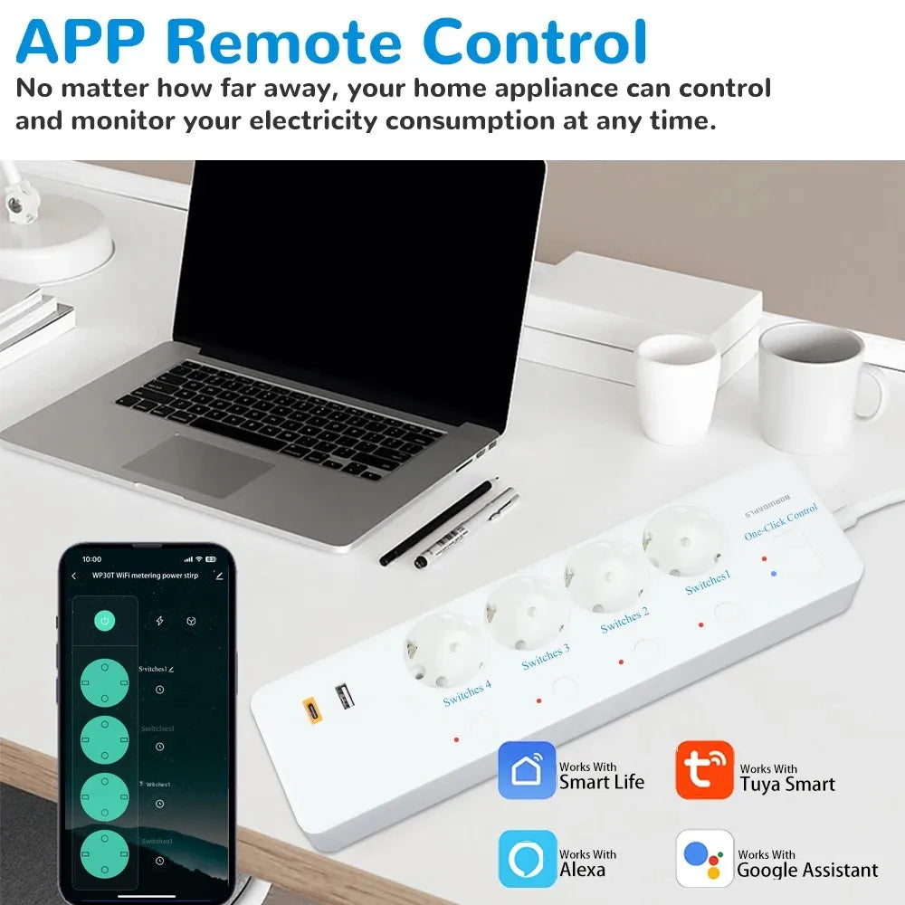 Smart WiFi Power Strip – Tuya Alexa Multi Socket with USB-C & Energy Monitoring