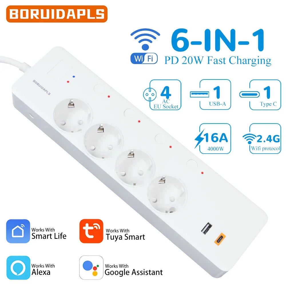 Smart WiFi Power Strip – Tuya Alexa Multi Socket with USB-C & Energy Monitoring