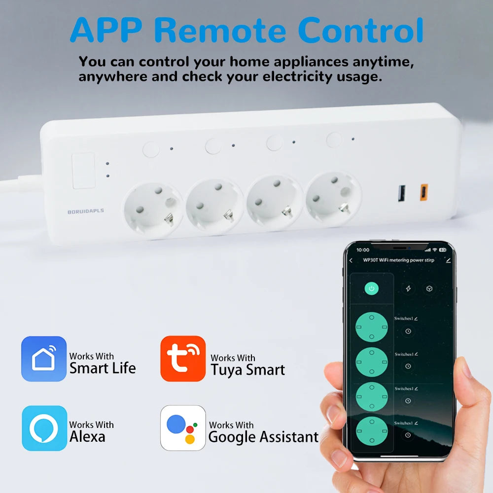 Smart WiFi Power Strip – Tuya Alexa Multi Socket with USB-C & Energy Monitoring